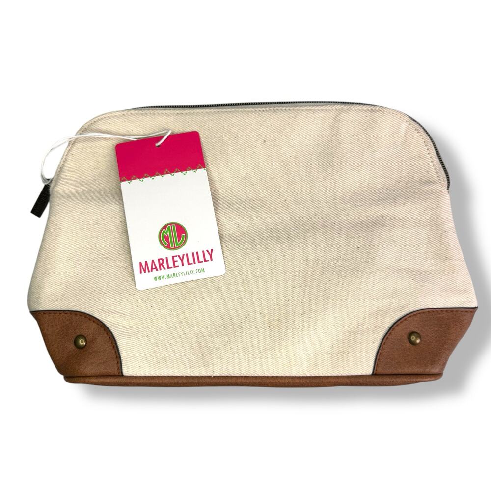 Marley Lilly Canvas & Leather Zip Pouch Cosmetic Case Travel Bag Vintage Look